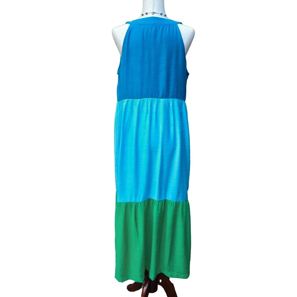 J. Jill Maxi Dress PM Blue Green Colorblock Tiered Boho Coastal Summer - Picture 6 of 16